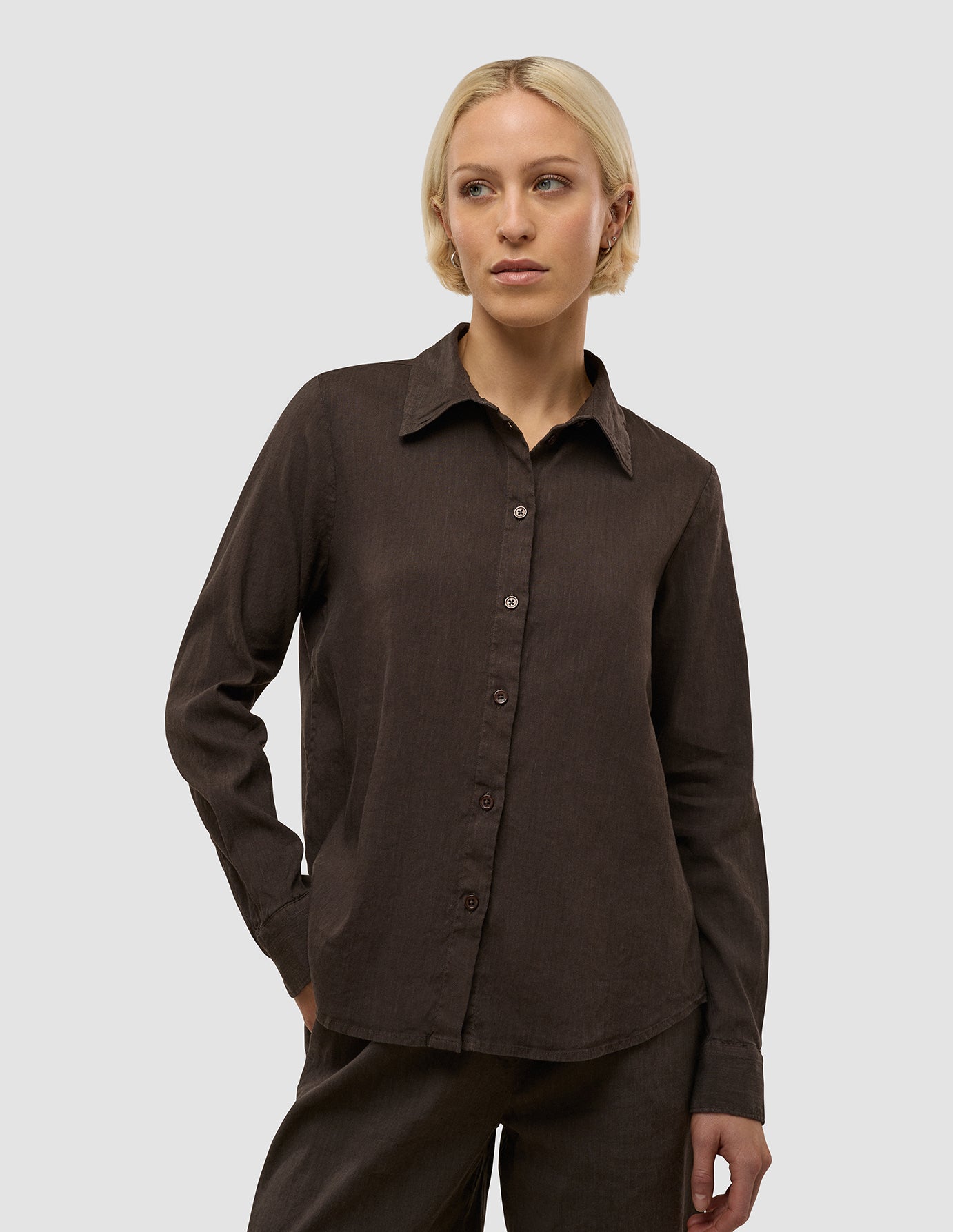 Linen Set Espresso Long Sleeved Shirt & Relaxed Shorts